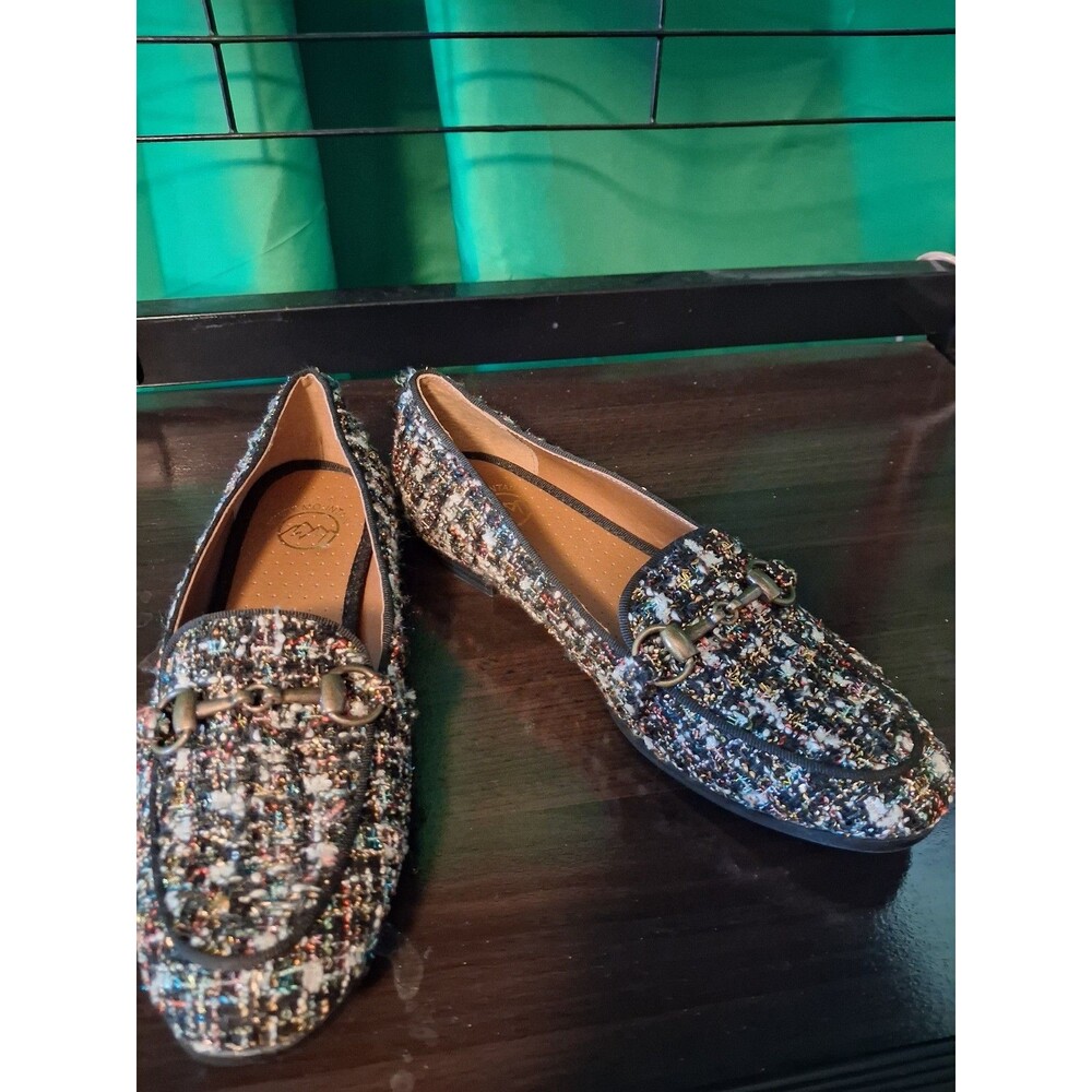 Women nook loafers multi colored tweed boucle fabric cushioned insole sz 7.